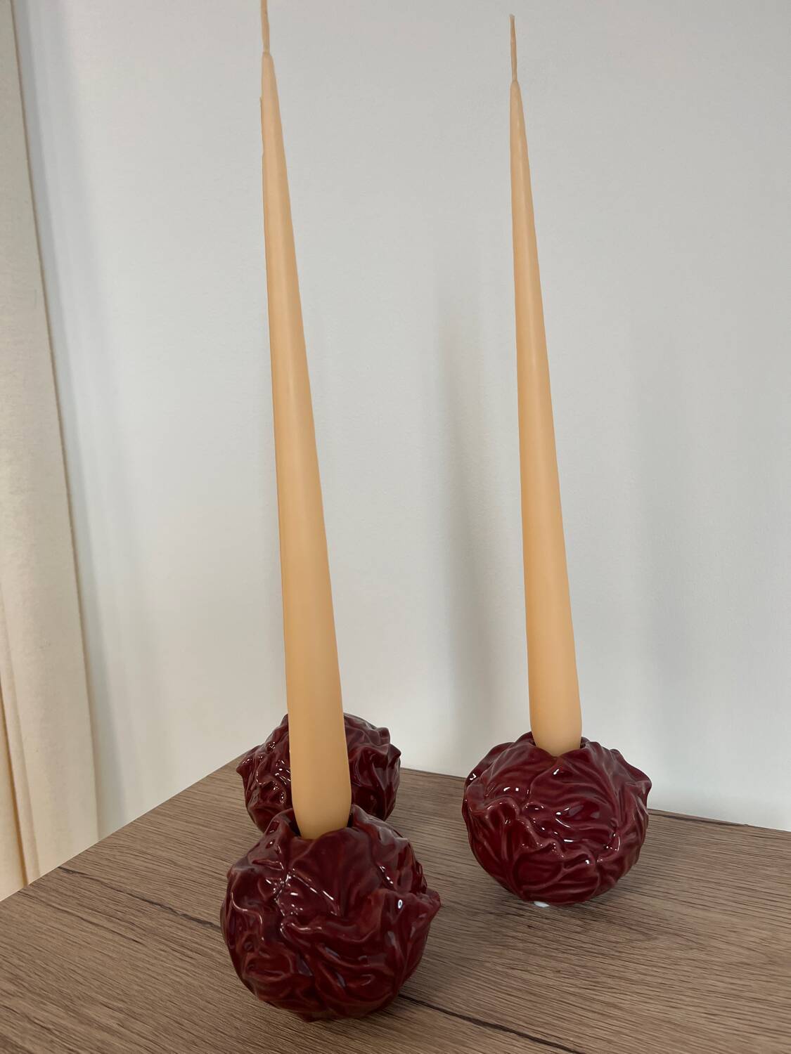 Cabbage-shaped slipware candlesticks, set of 3