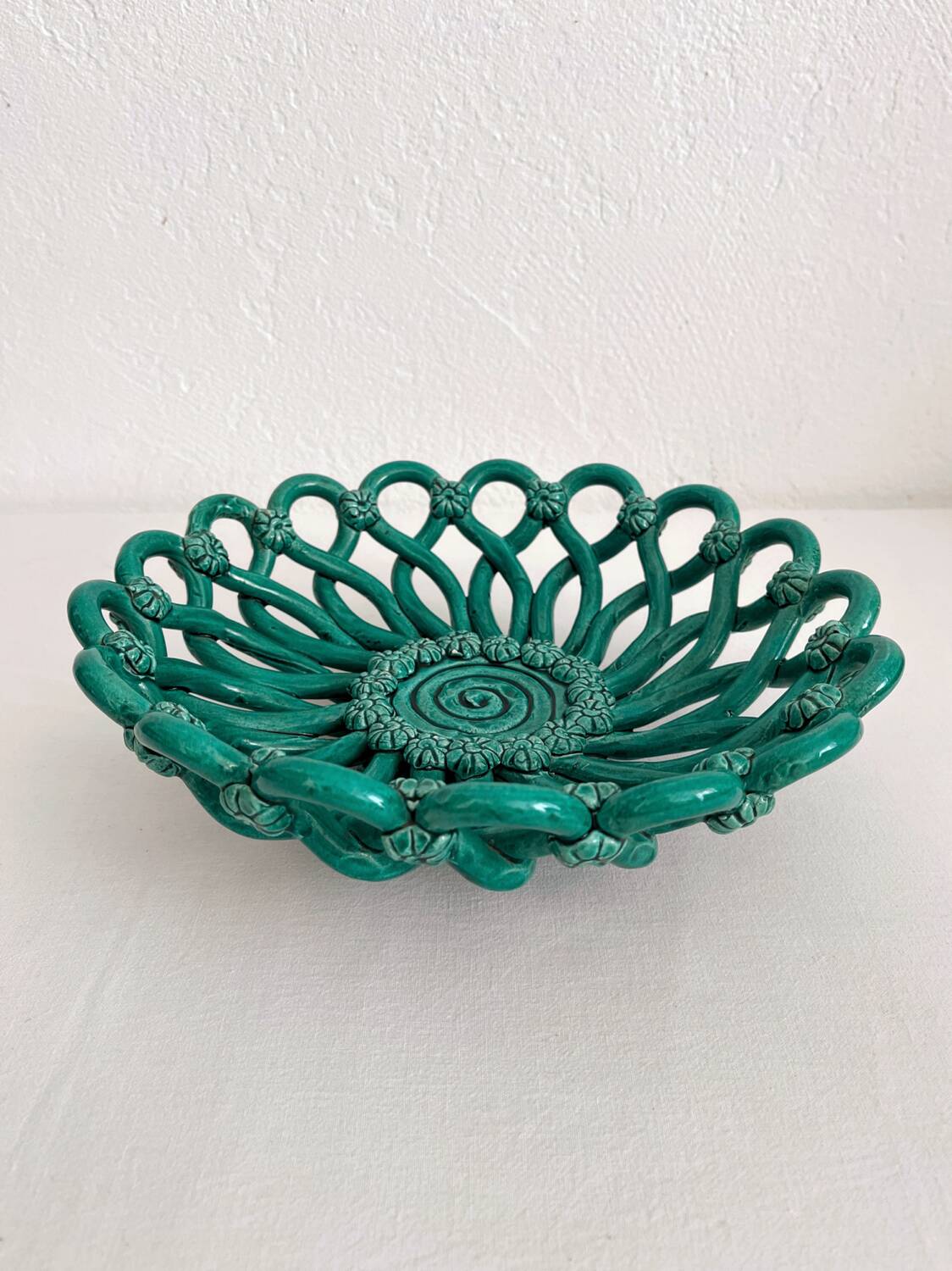 Vintage Vallauris green woven ceramic fruit bowl