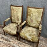 Pair of Louis XVI style shepherdesses with tapestry of La Fontaine's fables circa 1850