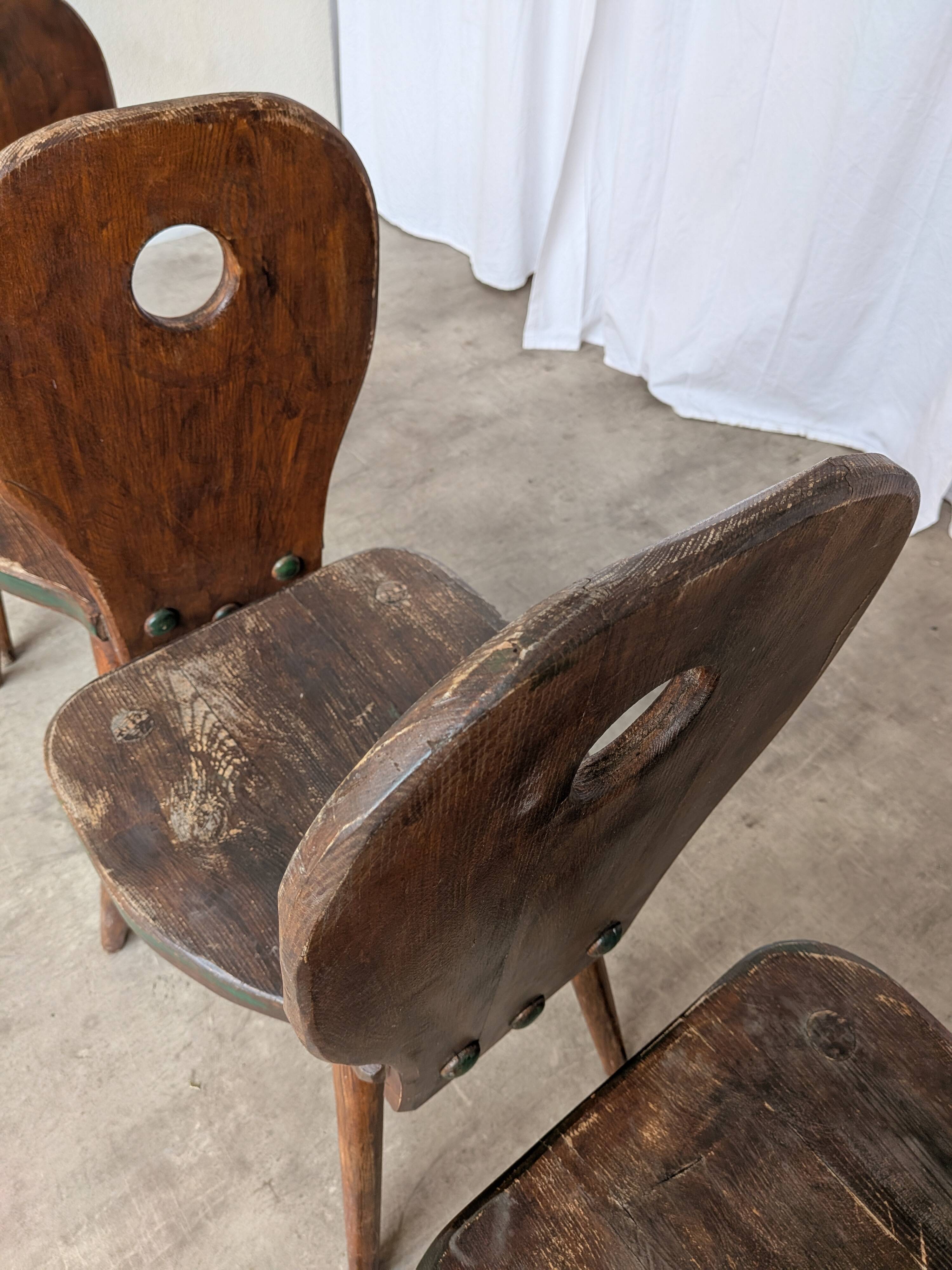 Set of 4 Vintage Brutalist Wooden Chair / Rustic Farmhouse Dining Chair