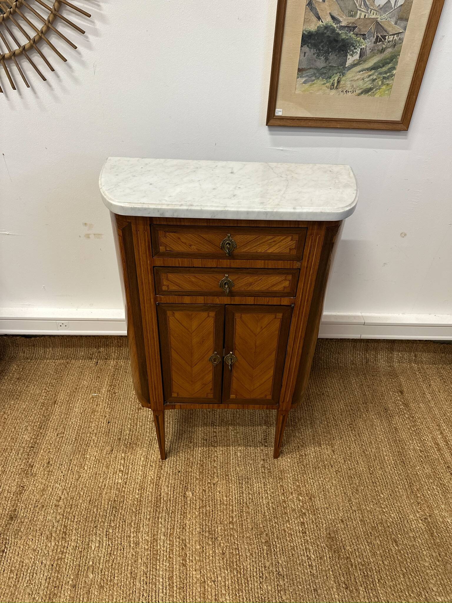 Small half-moon chest of drawers in Louis XVI style – marquetry and marble top