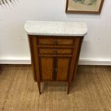 Small half-moon chest of drawers in Louis XVI style – marquetry and marble top