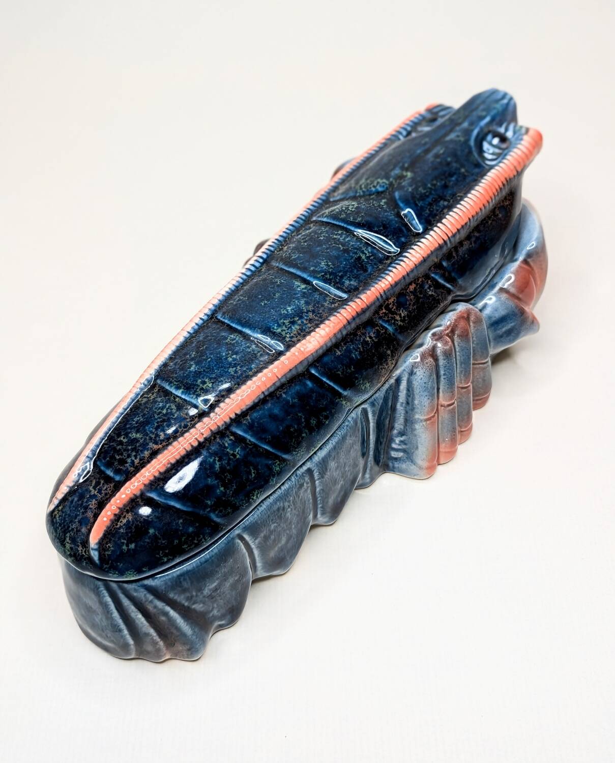 Lobster barbotine signed Michel Caugant midnight blue / coral