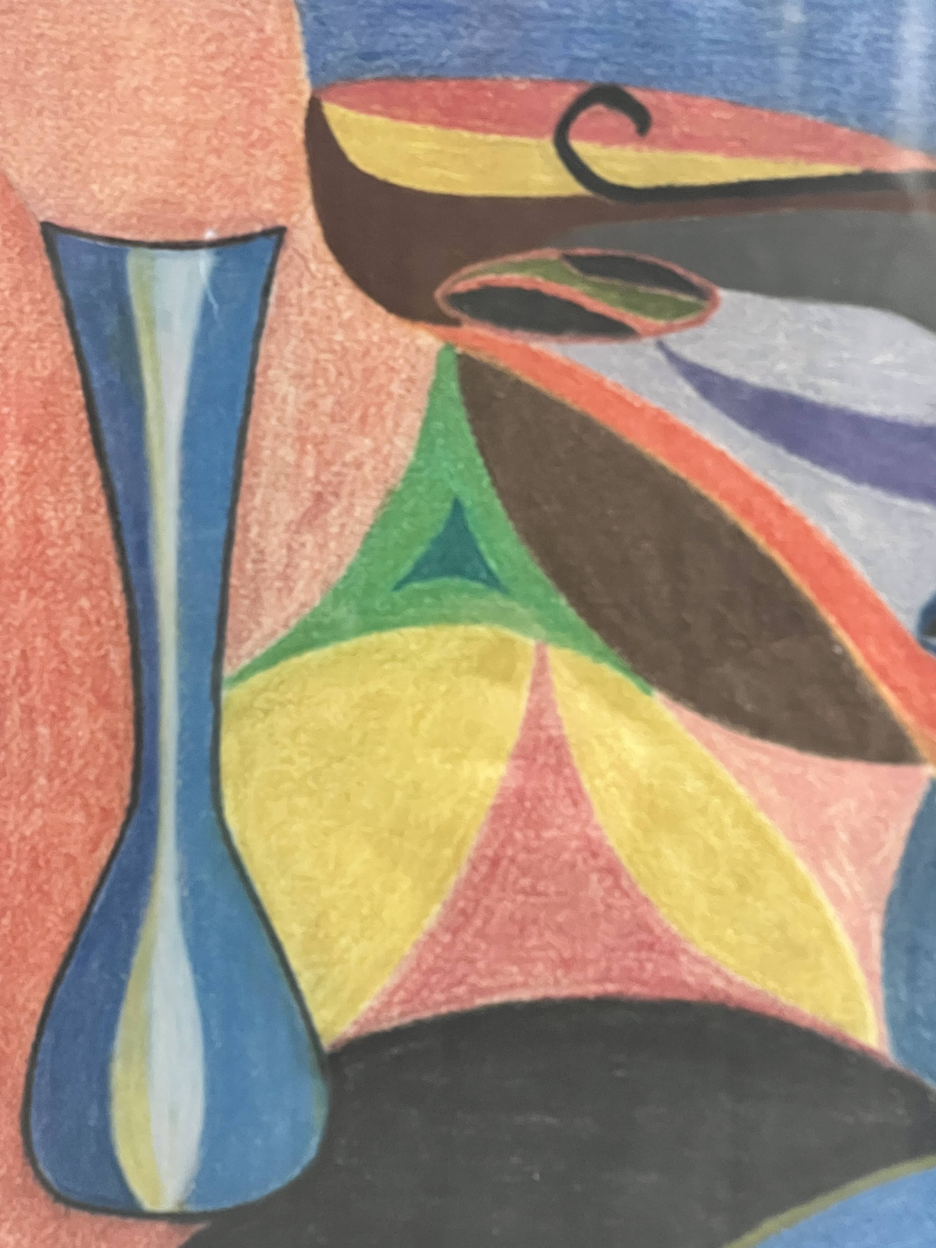 Vintage cubist still life pastel under glass and signed from 1967.