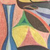 Vintage cubist still life pastel under glass and signed from 1967.