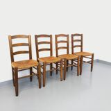 Set of 4 vintage brutalist chairs in wood and straw from the 60s