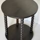 Set of side table and 2 stools, stained black wood, Circa 1950.