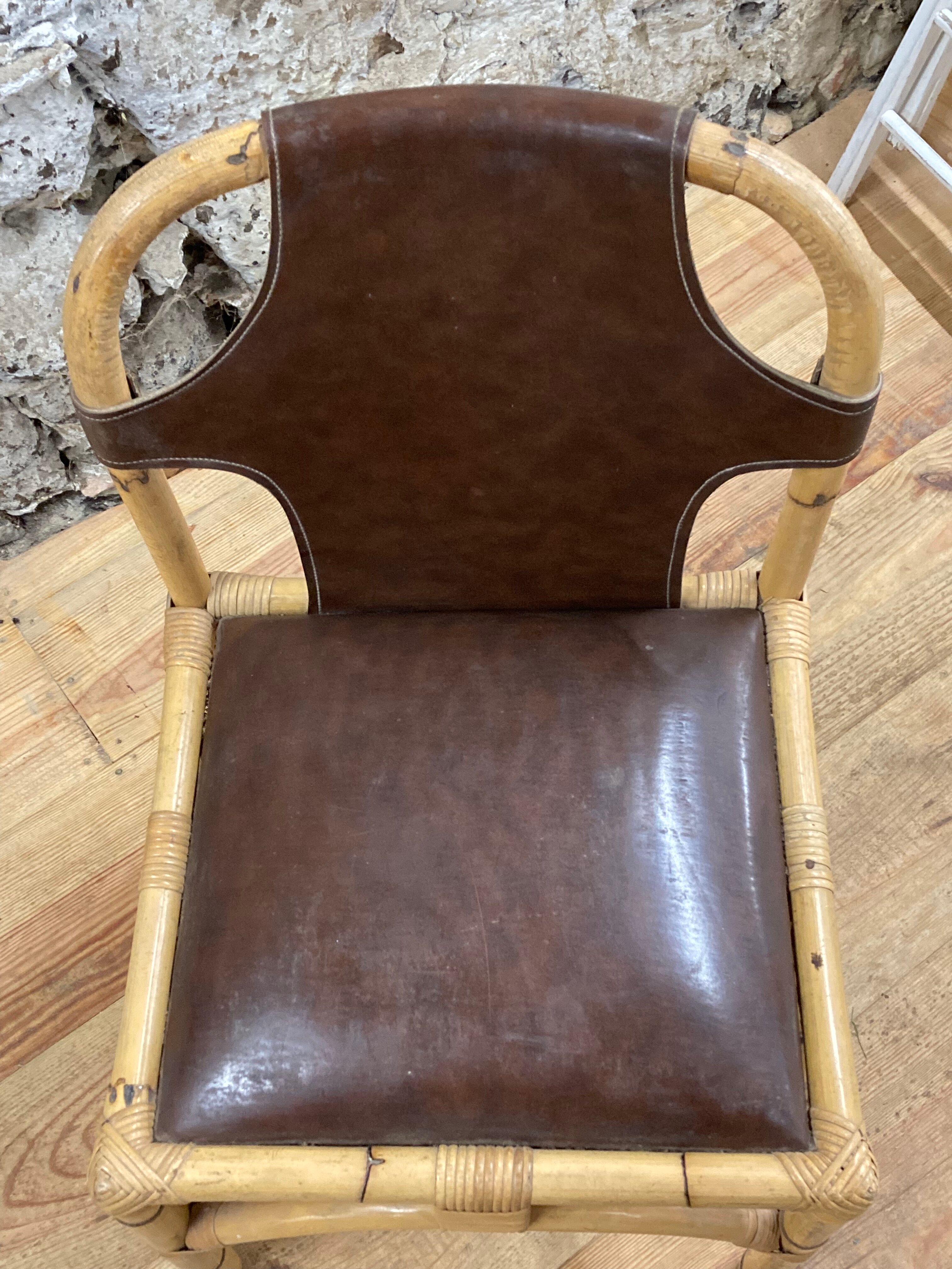 Vintage chair in rattan and bamboo and brown leather
