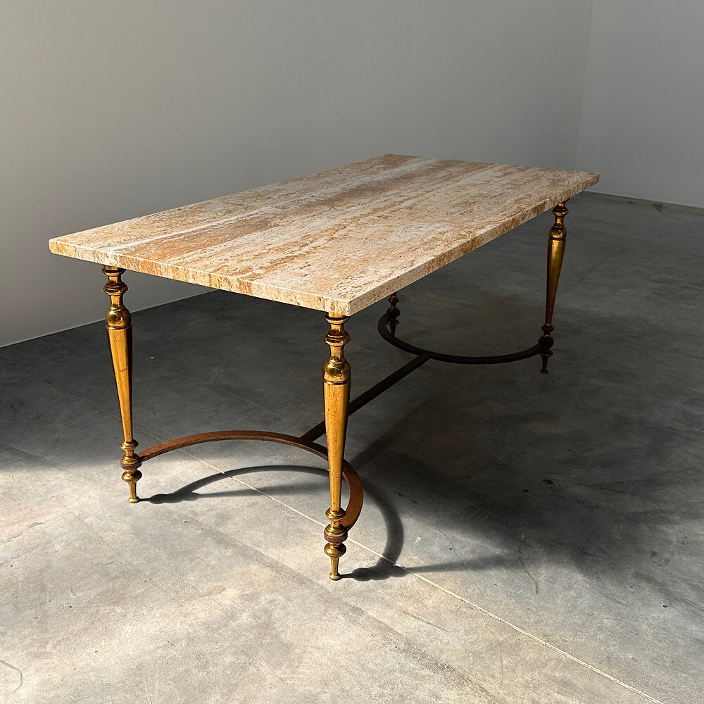 Elegant travertine coffee table with brass base, 1970s