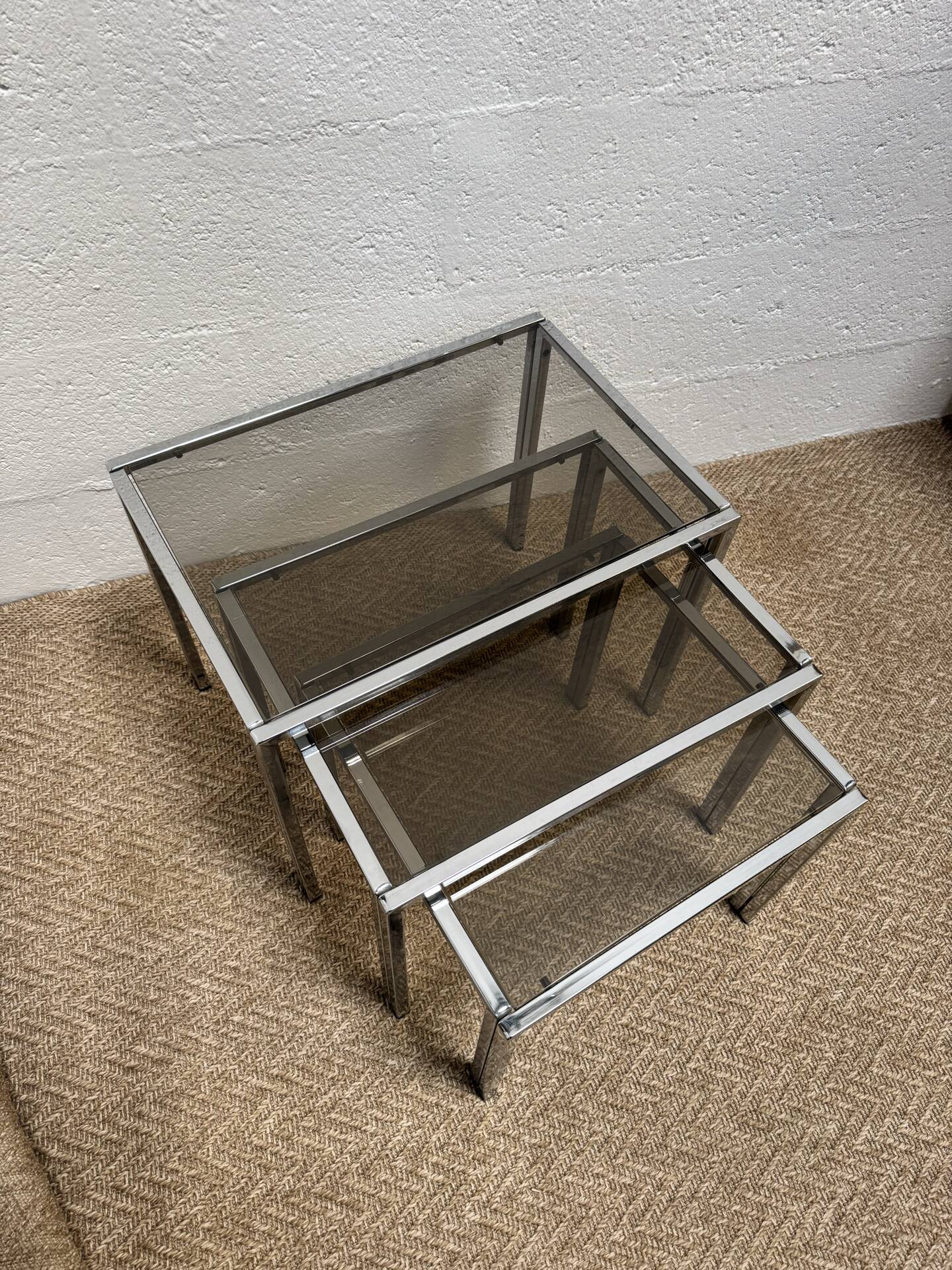 Set of 3 vintage nesting tables – Chrome metal & smoked glass