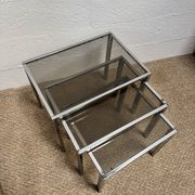 Set of 3 vintage nesting tables – Chrome metal & smoked glass