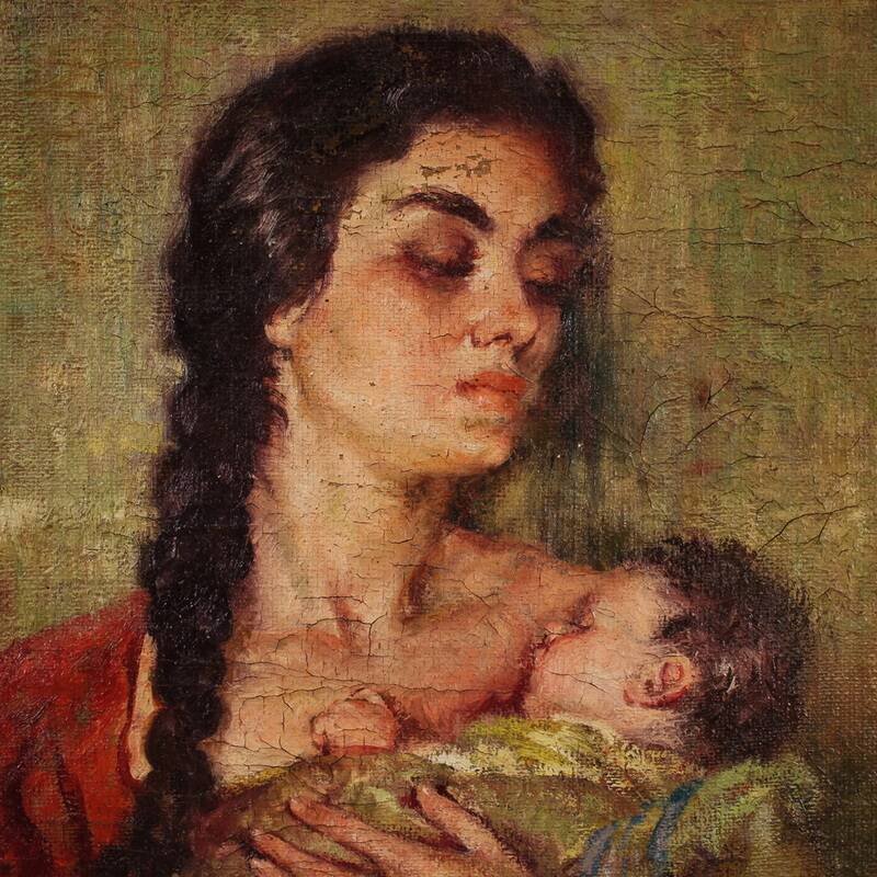 Peinture espagnole "Maternité" signée, 20e siècle