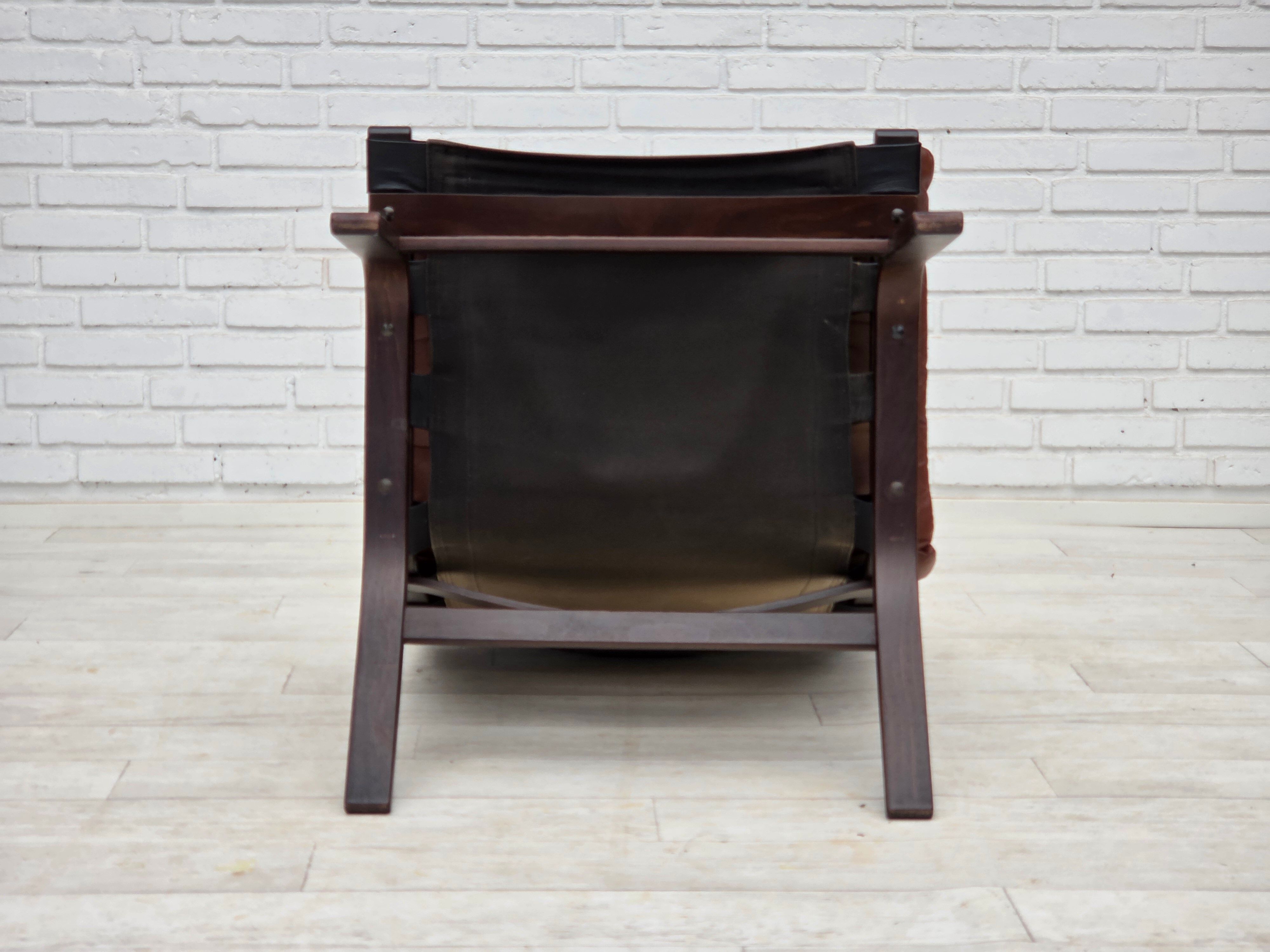 1970s, Danish loungechair by Farstrup, leather, canvas, bent wood.