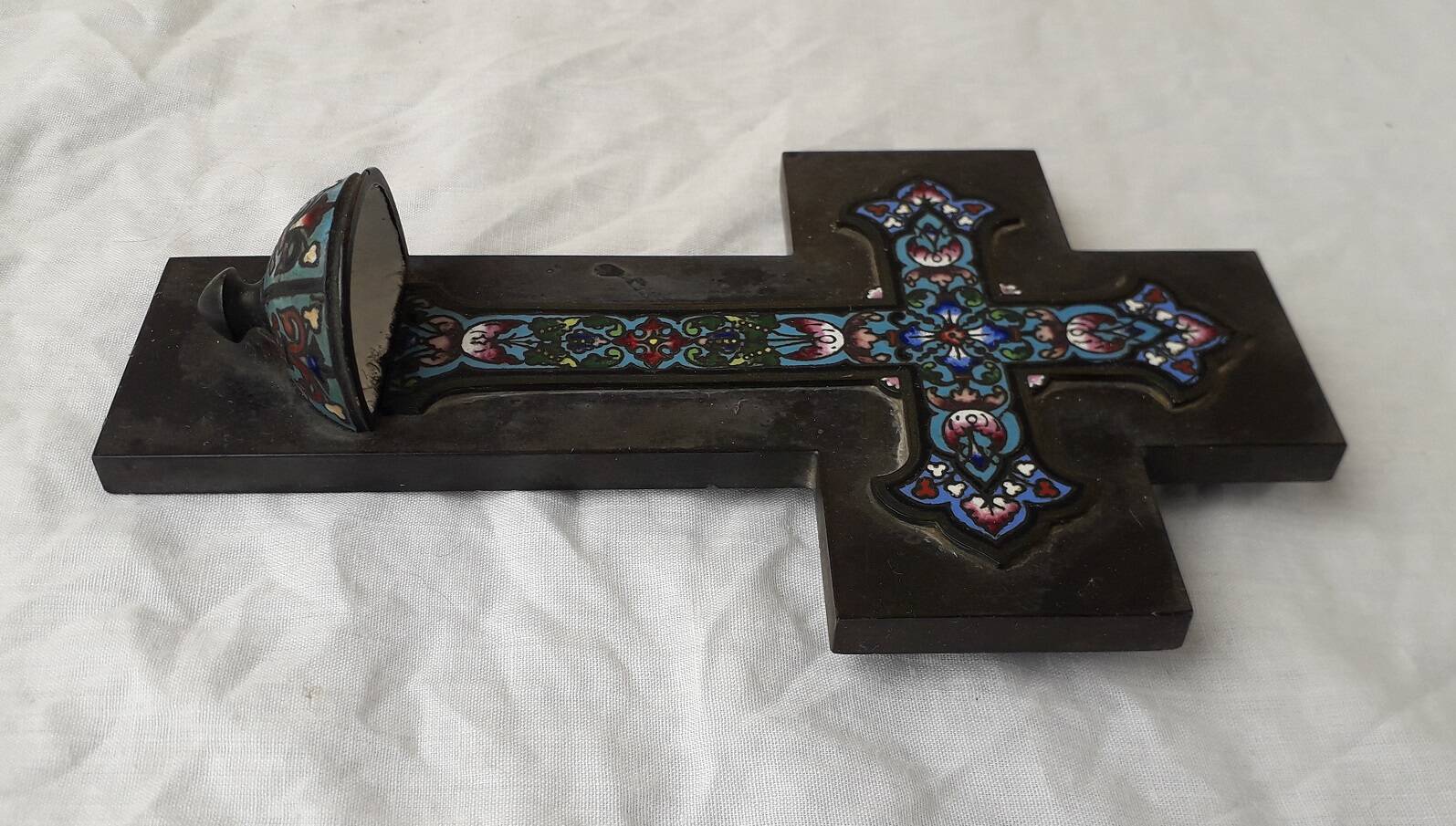 Cloisonné enamel cross holy water font