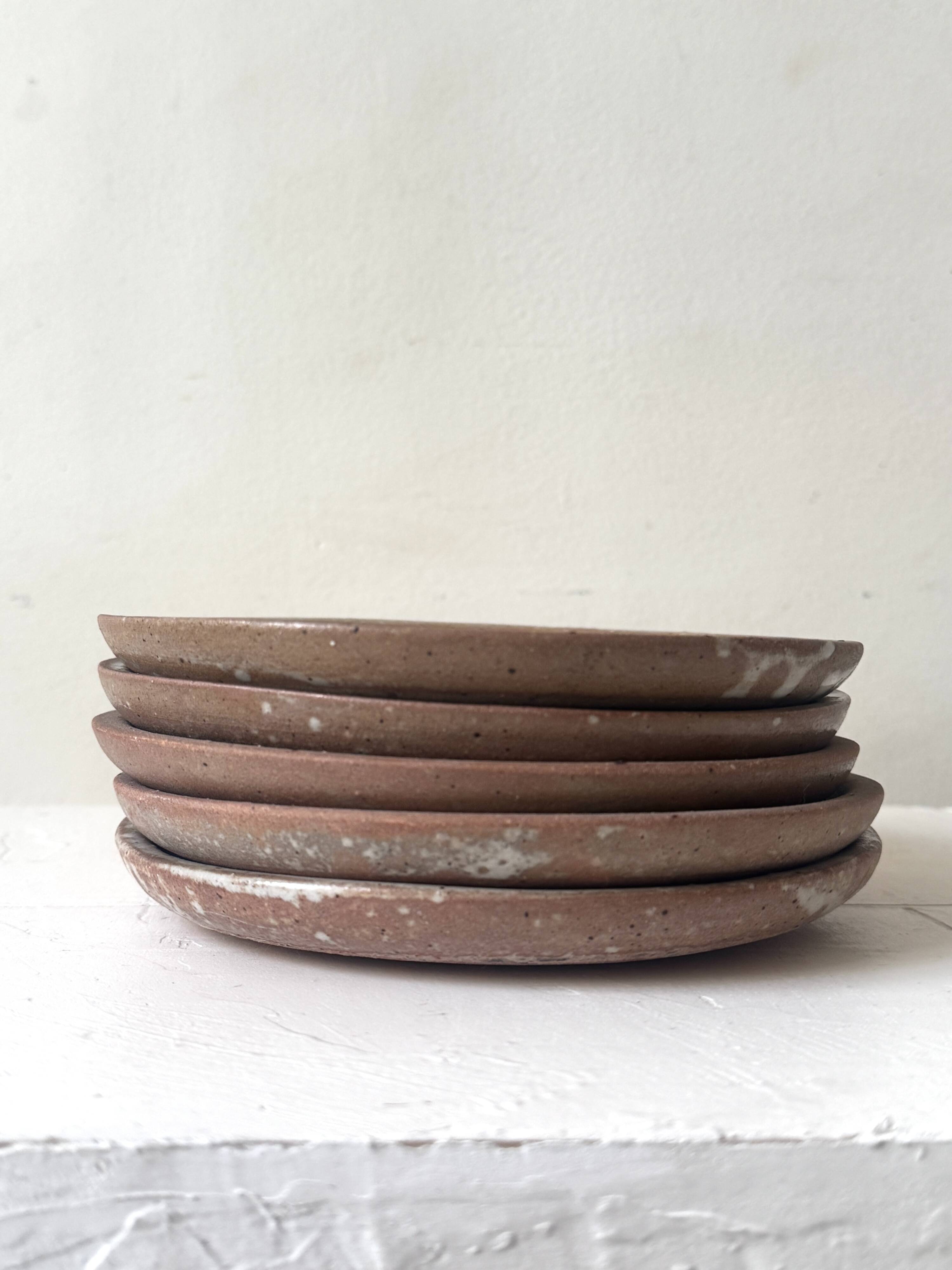 handmade ceramic dessert service in pyrite beige stoneware, France 1950