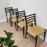 Set of 4 Vintage Wooden Dining Chairs: Beige Faux Leather, Mid-Century Retro