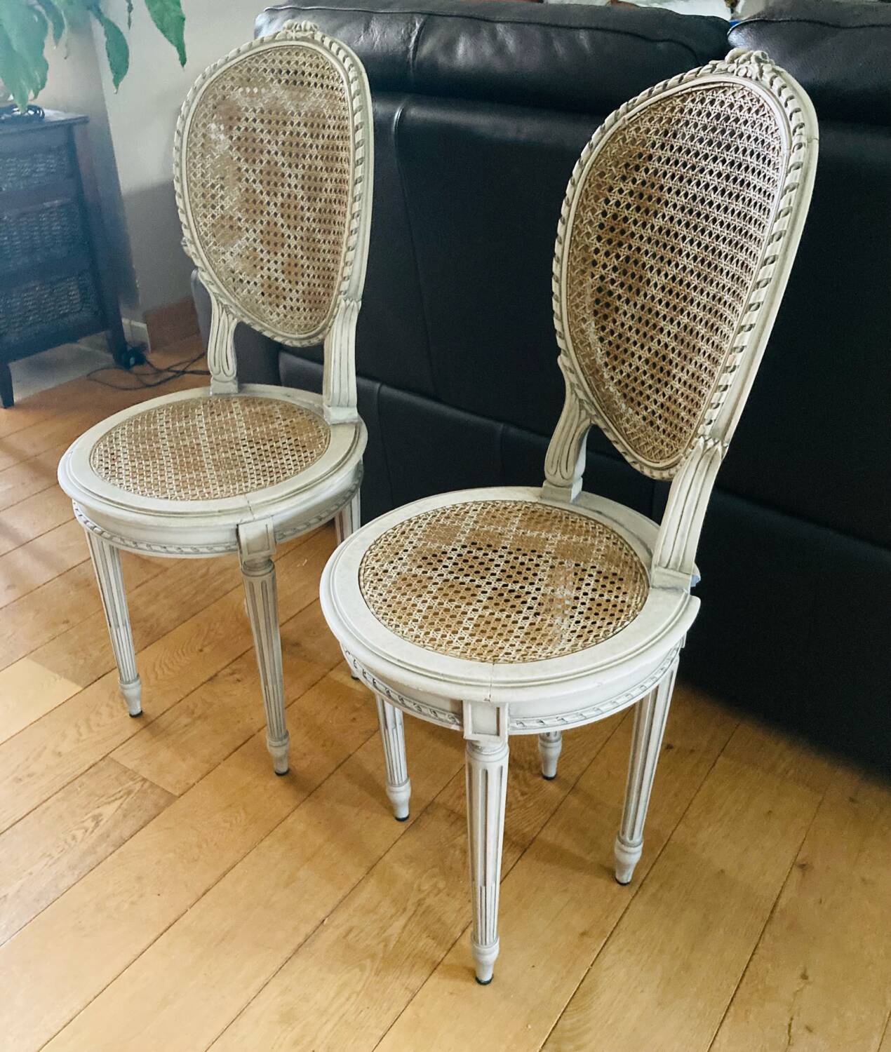 Pair of Louis XVI chairs from the late 19th century with checkerboard caning