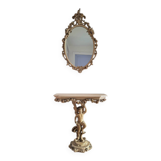 Console and mirror in baroque rococo style, vintage furniture.