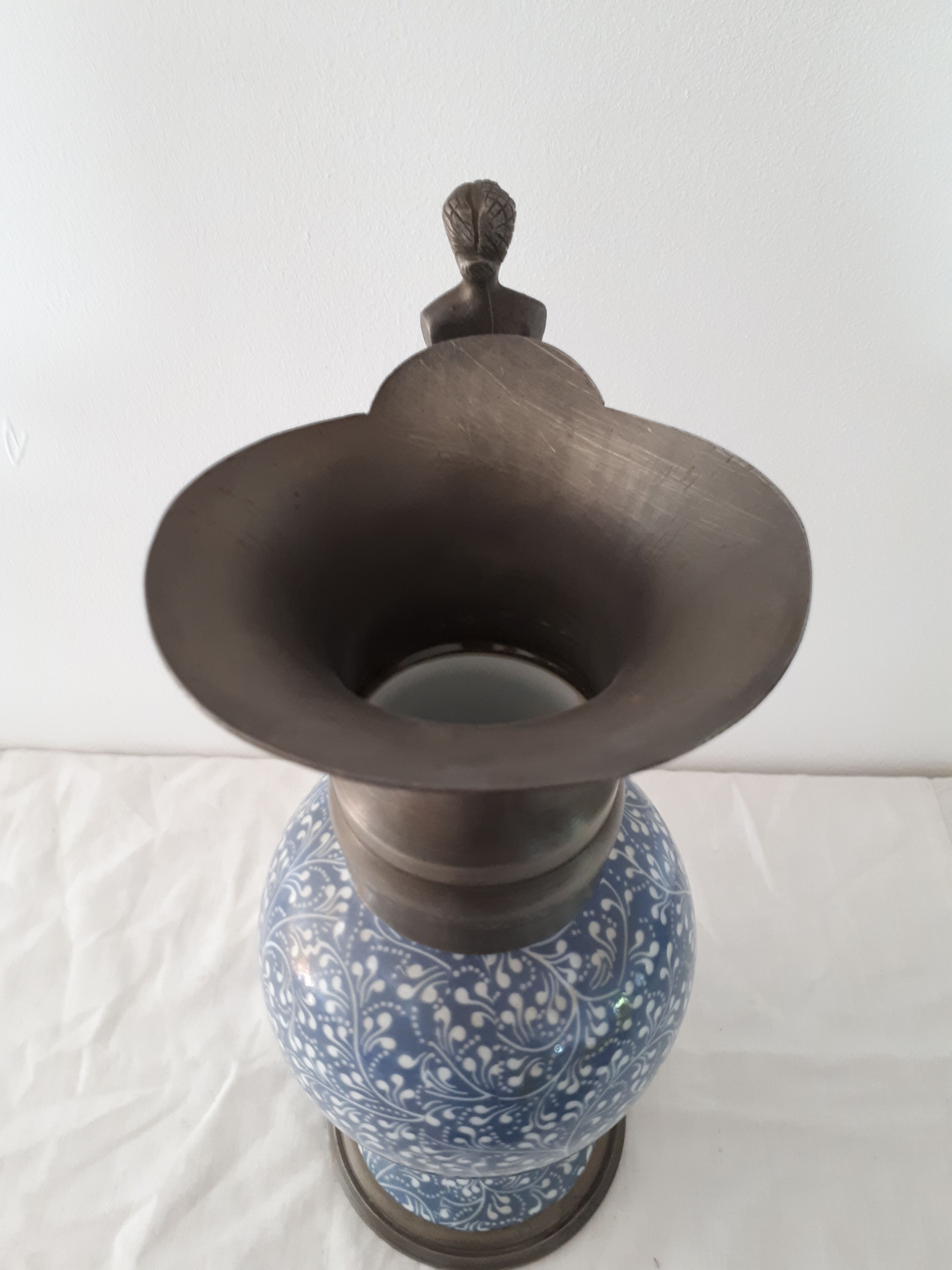 Earthenware and pewter ewer with mermaid handle