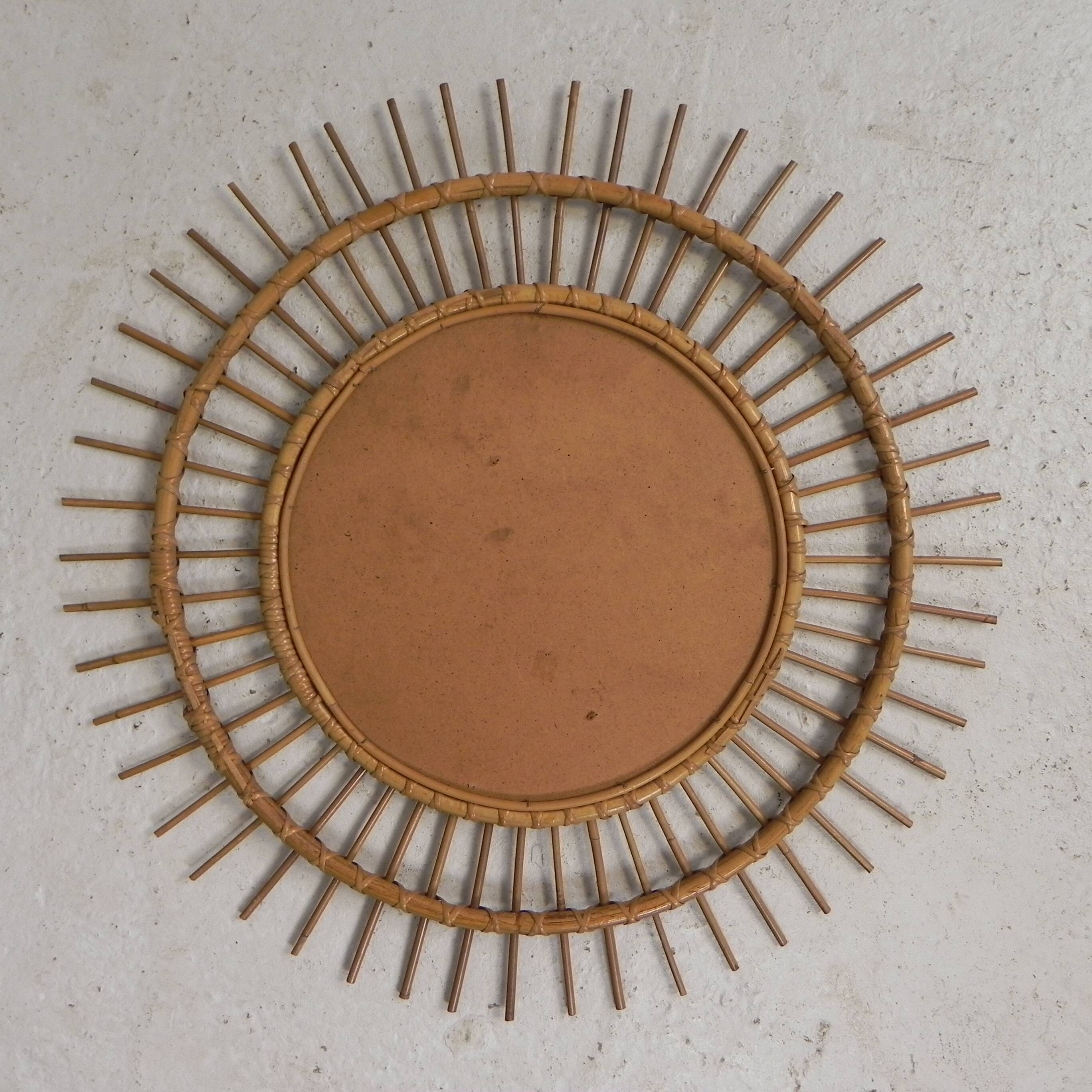 Vintage round bamboo mirror with faceted glass, 1950s