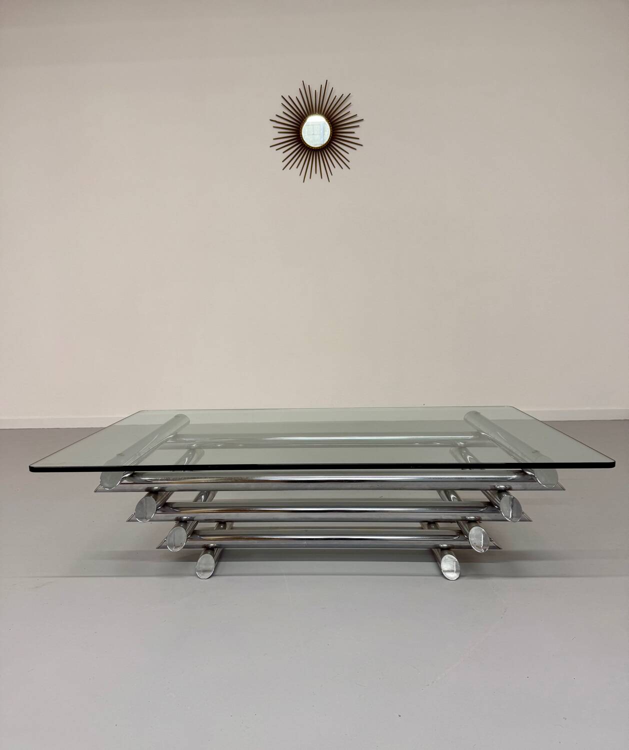 Space coffee table from the 70s, tubular metal and glass, Italian design