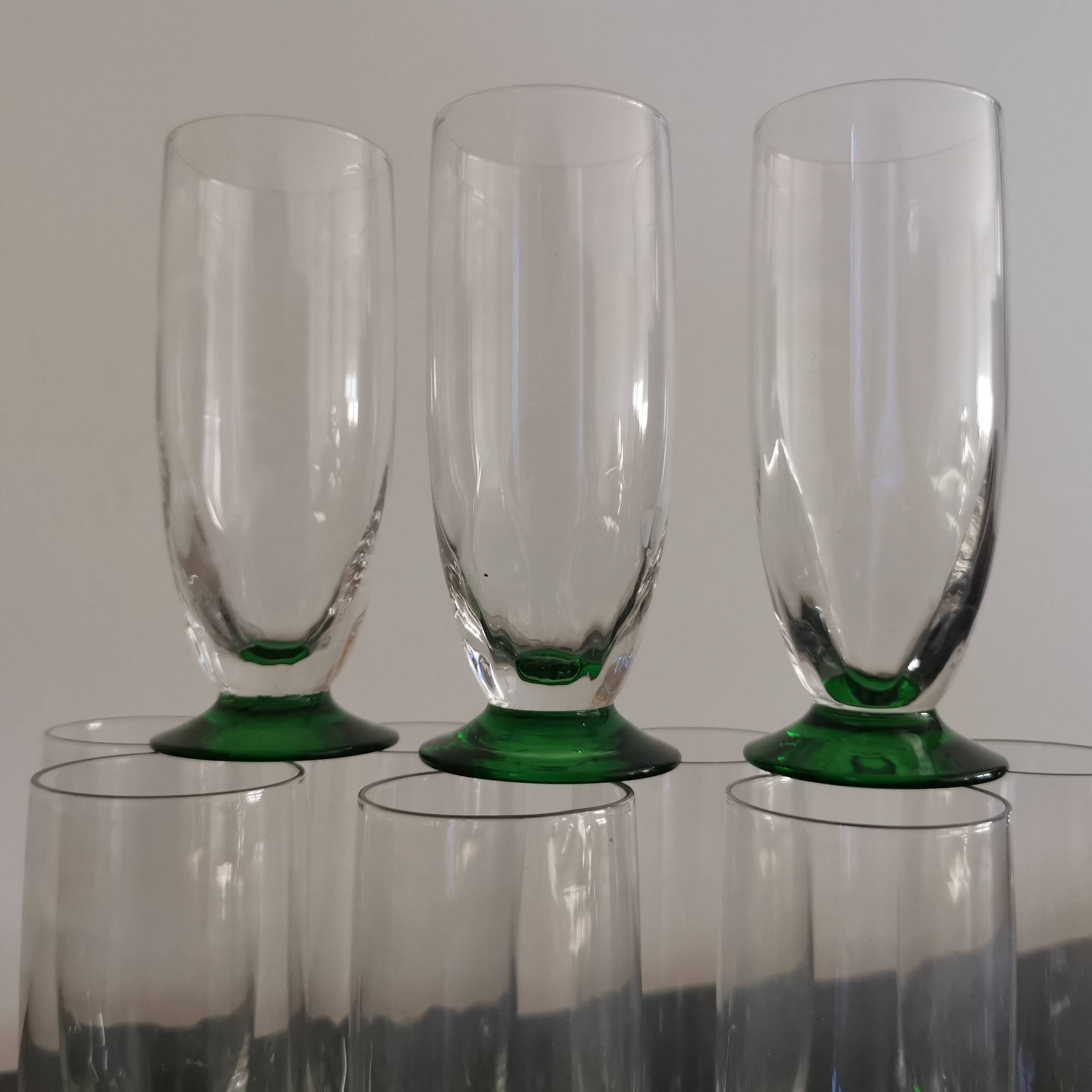 10 green stemmed glass champagne flutes from the 1930s
