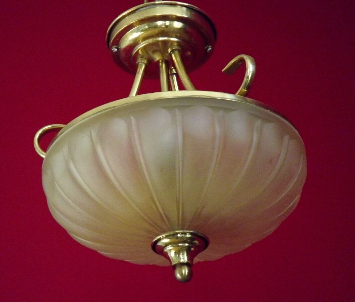 French mid century 3 bulb brass semi flush ceiling light opaque glass shade
