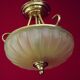 French mid century 3 bulb brass semi flush ceiling light opaque glass shade