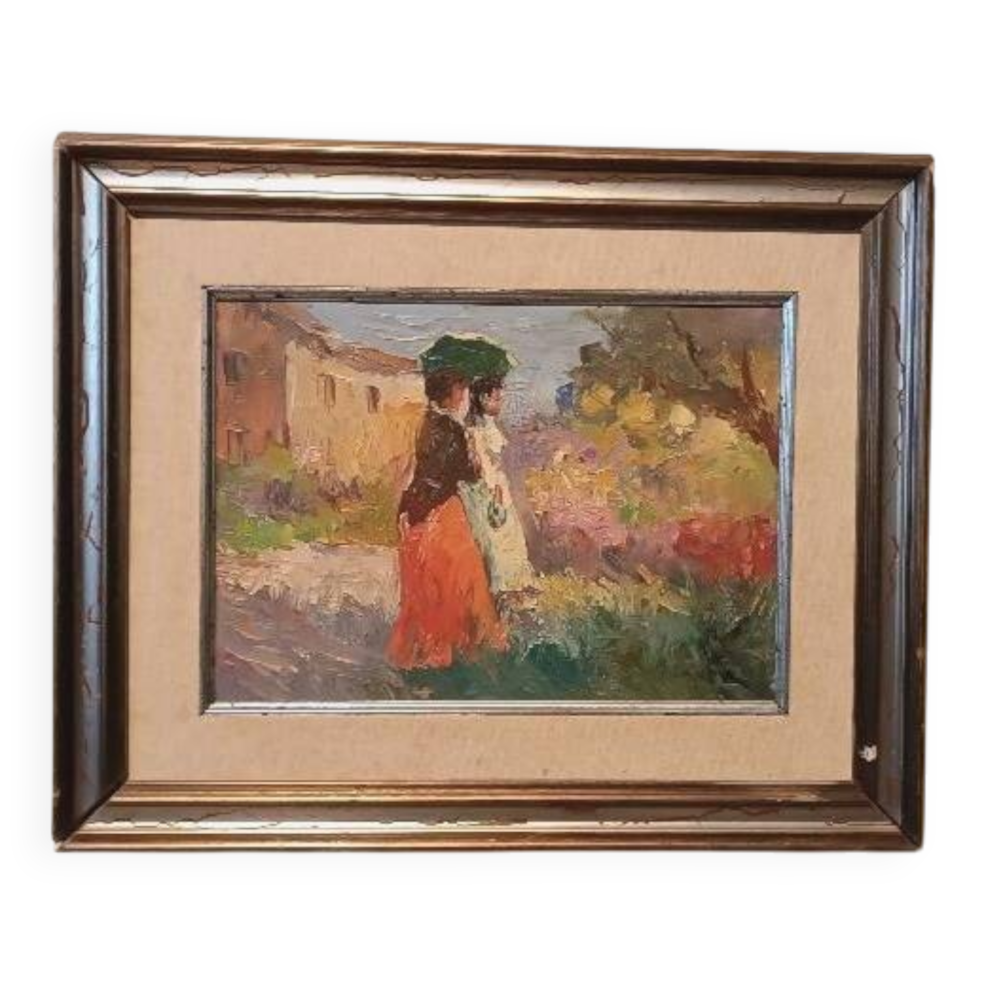 Oil painting of figures on panel in the Impressionist style from the 50s/60s.
