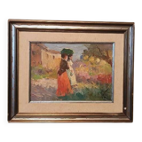 Oil painting of figures on panel in the Impressionist style from the 50s/60s.