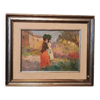 Oil painting of figures on panel in the Impressionist style from the 50s/60s.