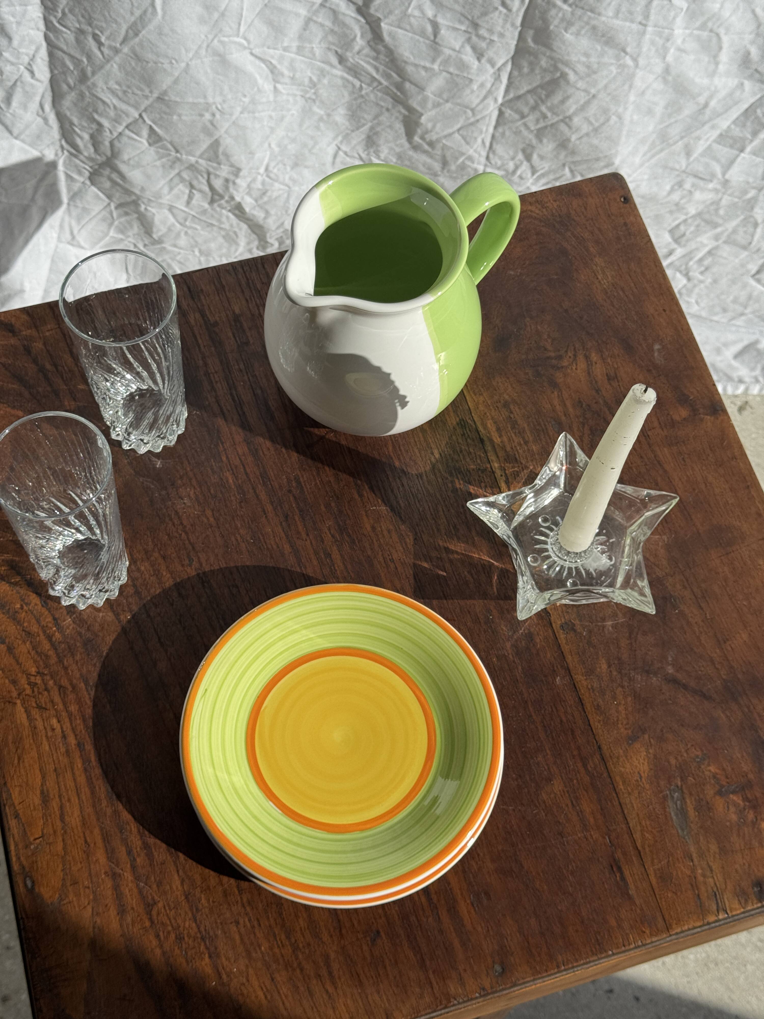 Set of 4 Italian ceramic plates in green, orange, and yellow splashes D20.