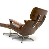 Fauteuil lounge et ottoman en cuir et bois plié des années 60/70