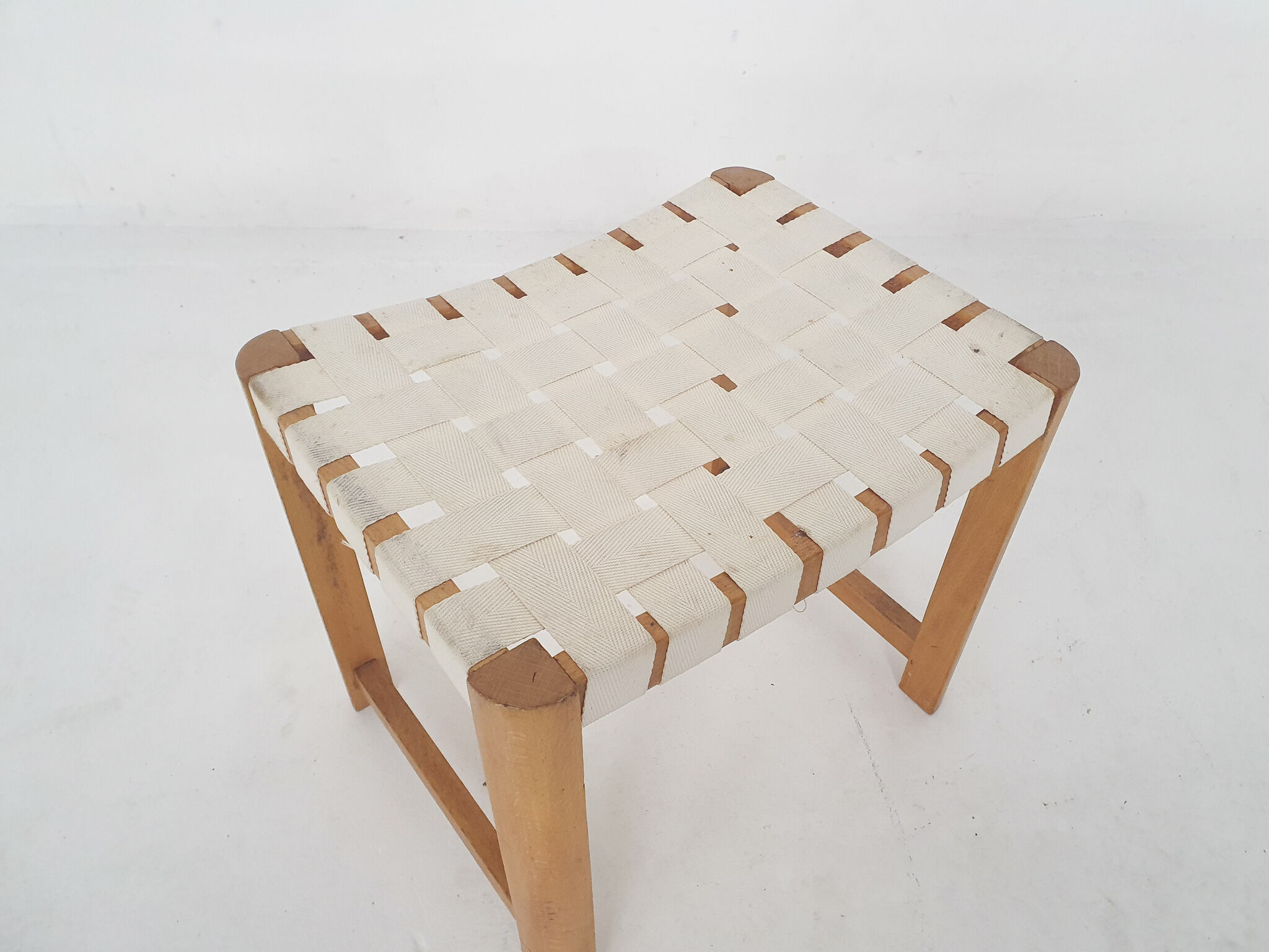 Scandinavian modern wooden stool with white bands, 1970's