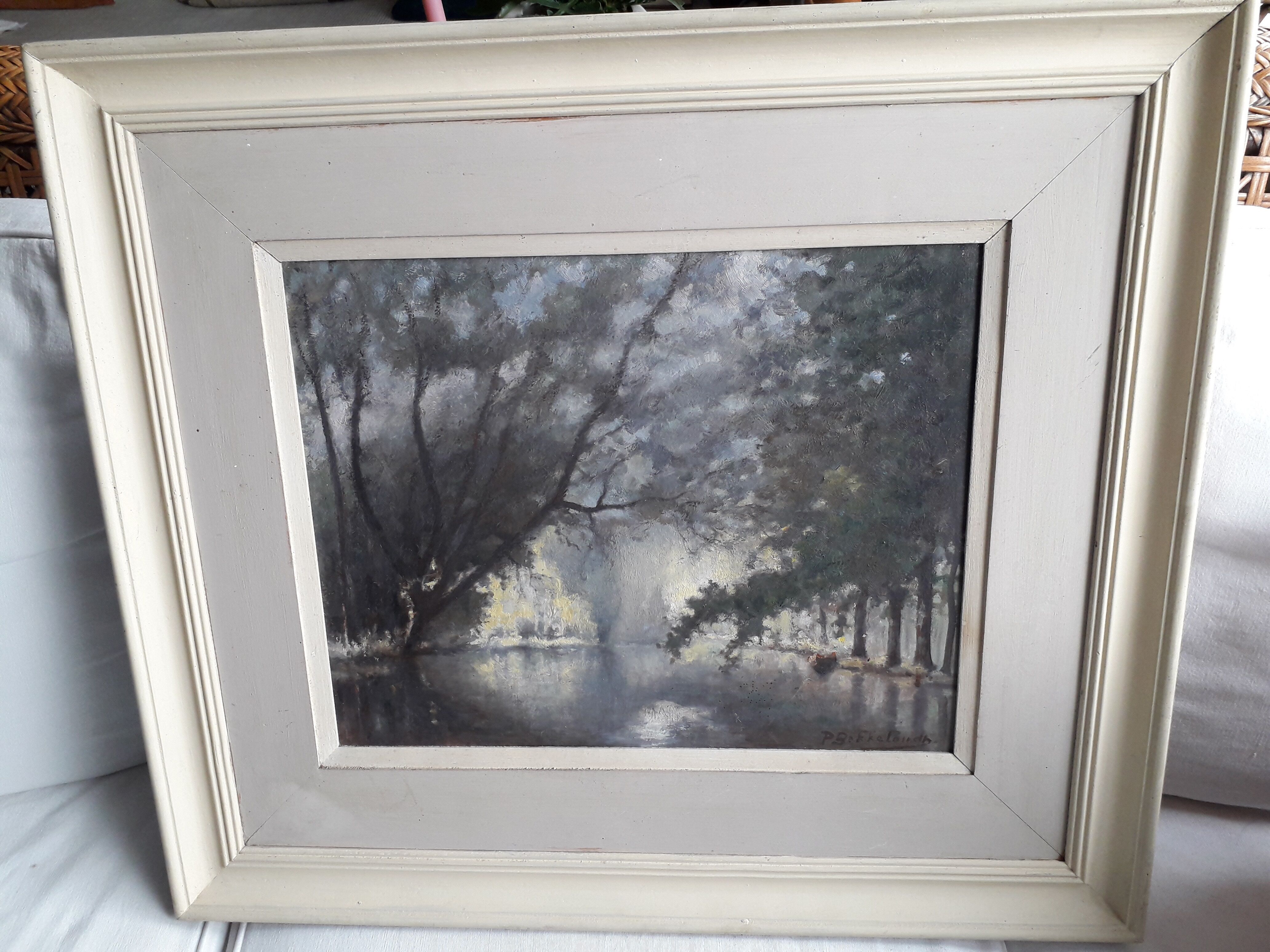 Old oil painting depicting a landscape