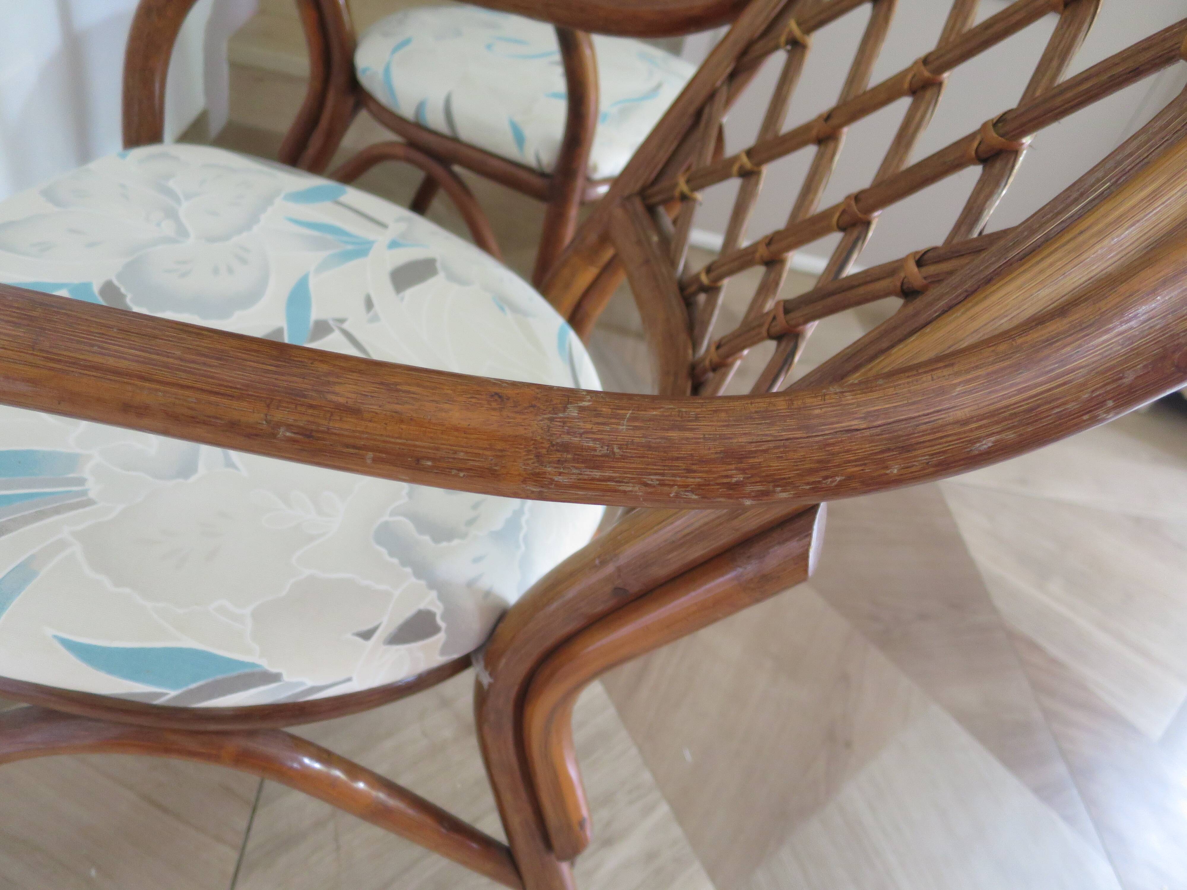 Vintage lot of 2 woven bamboo rattan armchairs - Curved wood - 1980s