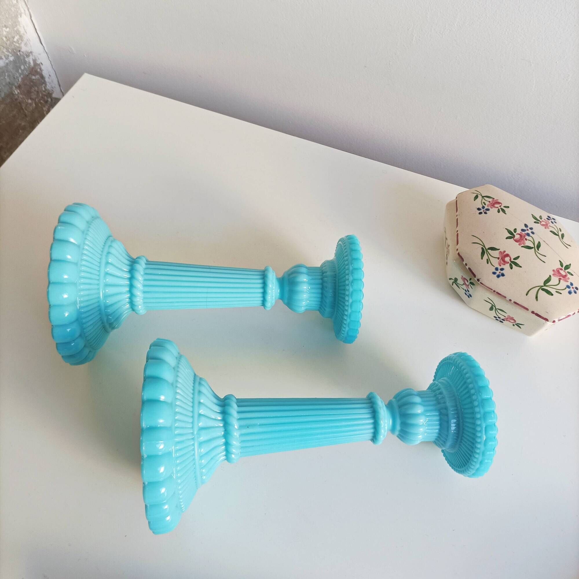 Antique blue opaline candlesticks Portieux Vallerysthal