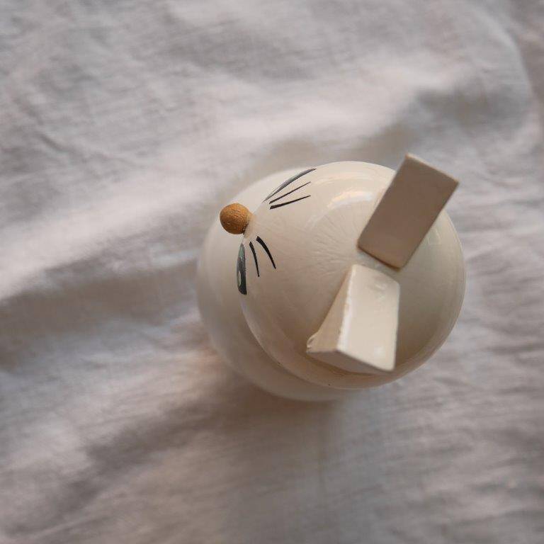 Wooden piggy bank, white cat
