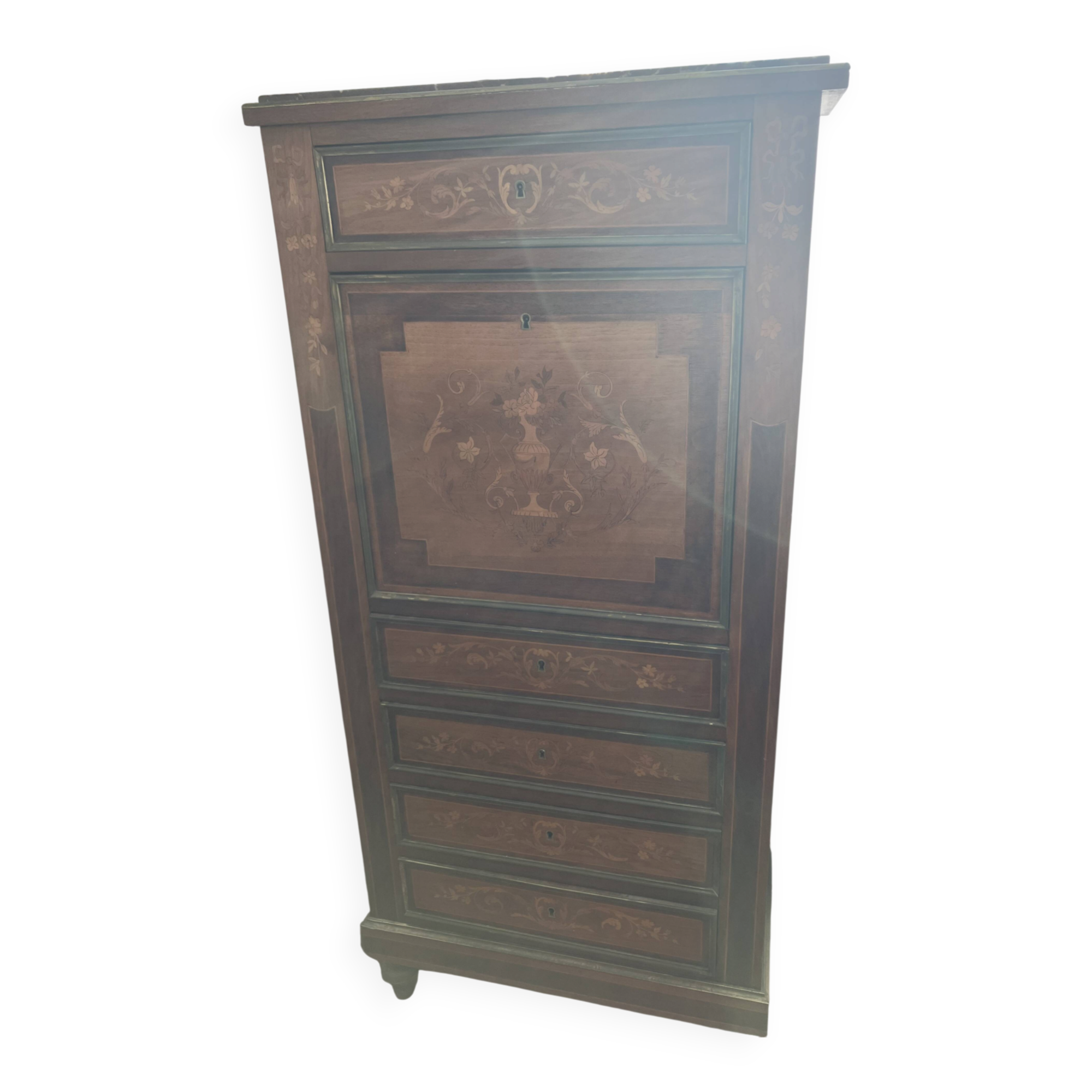 Secretary with a marquetry drop-leaf, marble top, floral decoration.