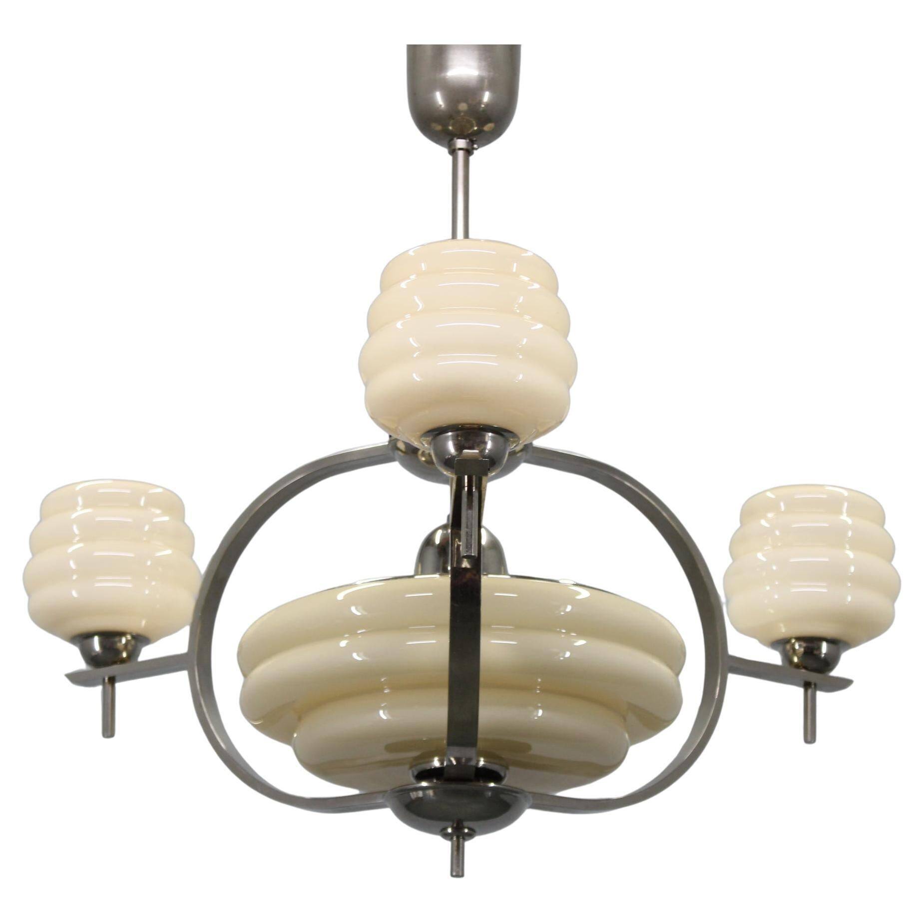 1930s Art Deco nickel and cream glass chandelier