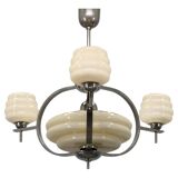 1930s Art Deco nickel and cream glass chandelier