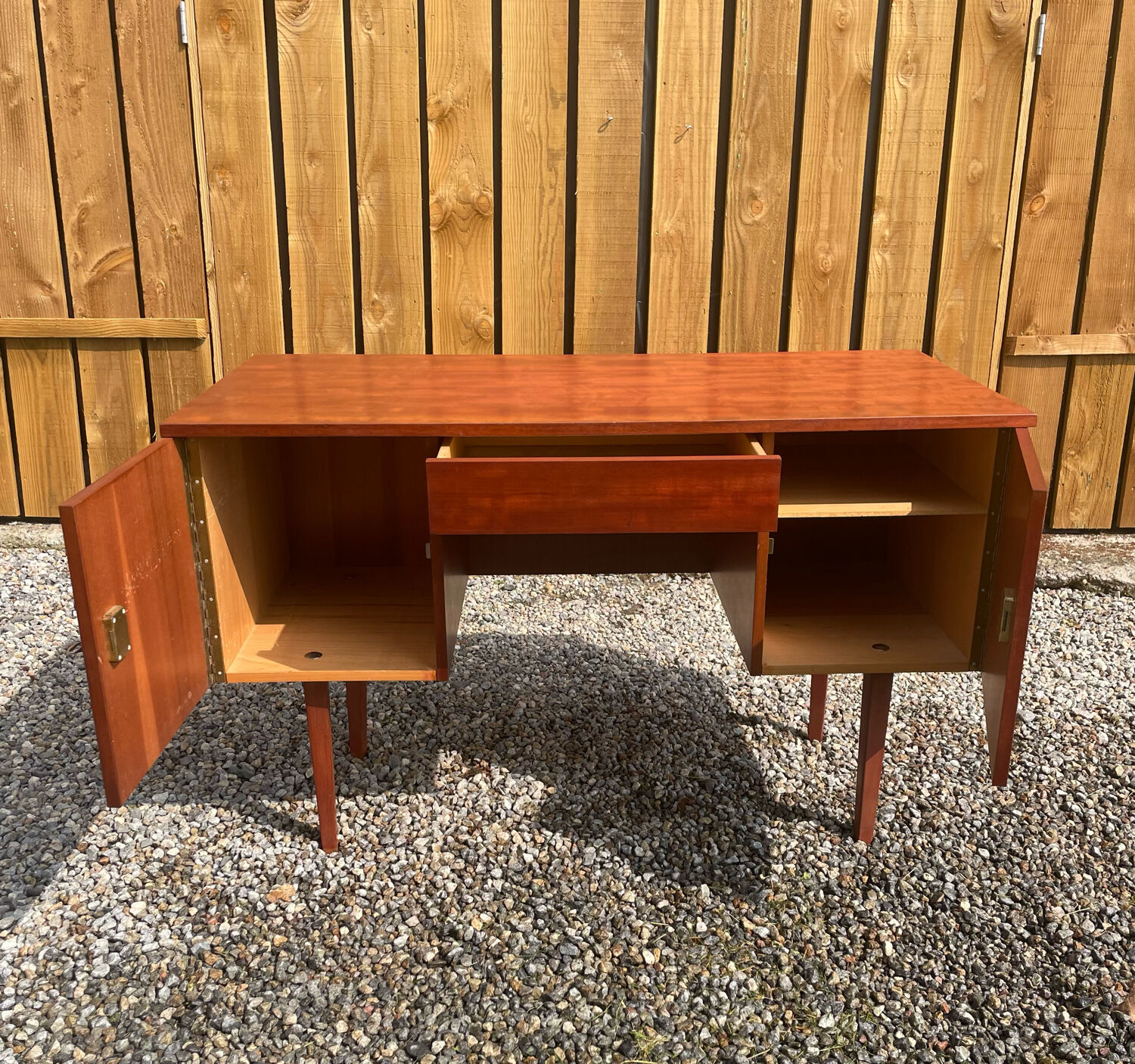 Vintage wooden desk teak veneer sixties conical legs 1 drawer