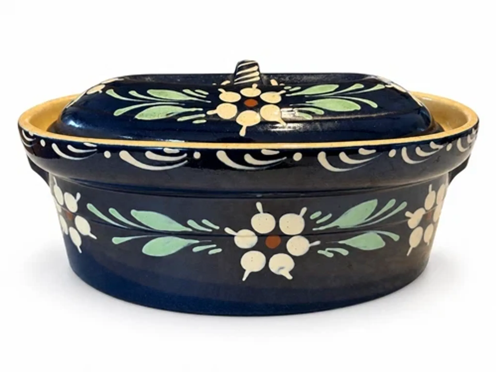 Terrine alsacienne ancienne à Baeckeoffe bleu fleurs avec couvercle 35 cm