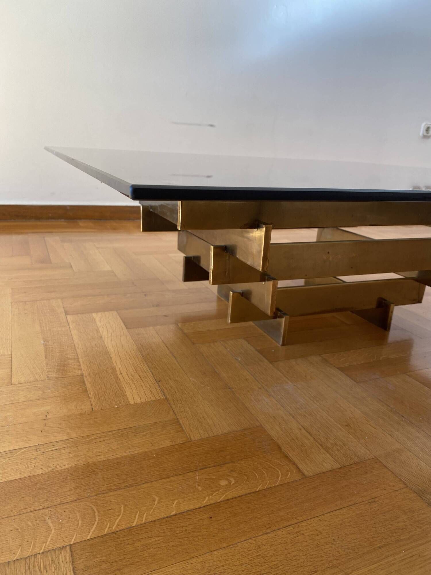 Vintage 1970s Square Coffee Table in Brass and Smoked Glass, David Hicks
