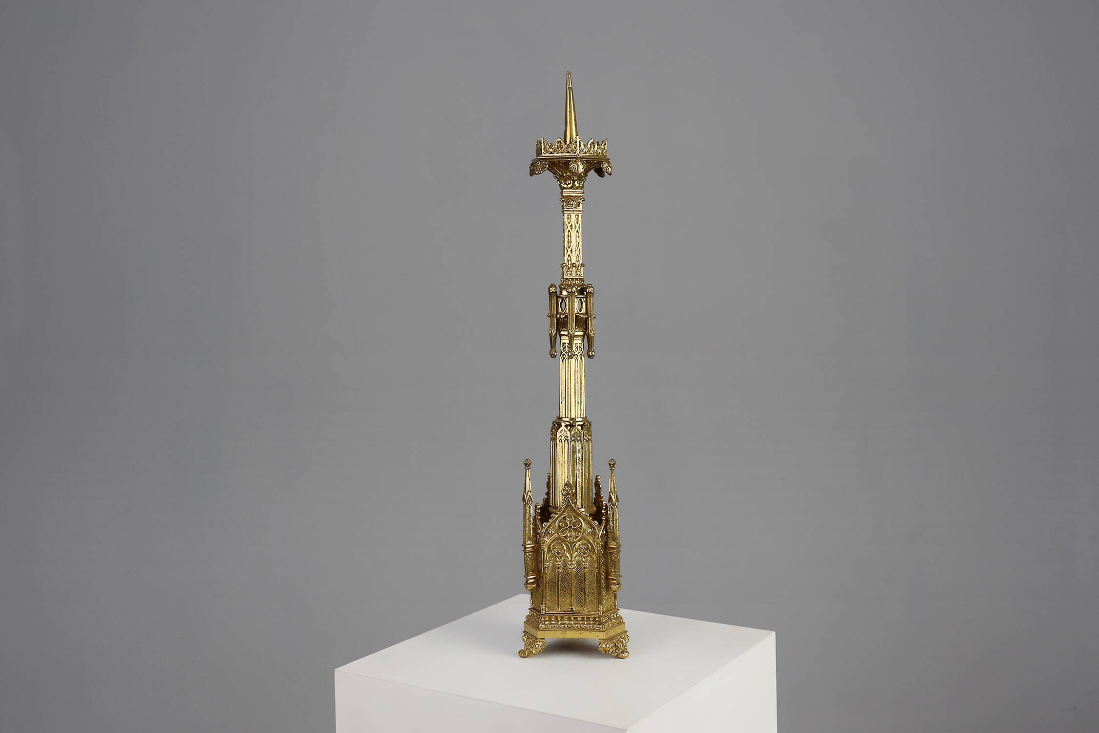 Neo‑Gothic Copper Church Candleholder Stamped “LL A Paris”, France ca. 1880