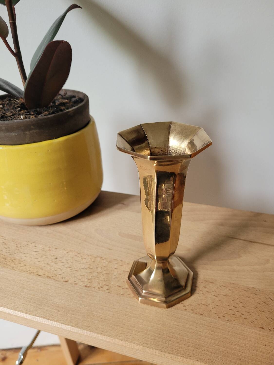 Hexagonal brass vase in trumpet shape