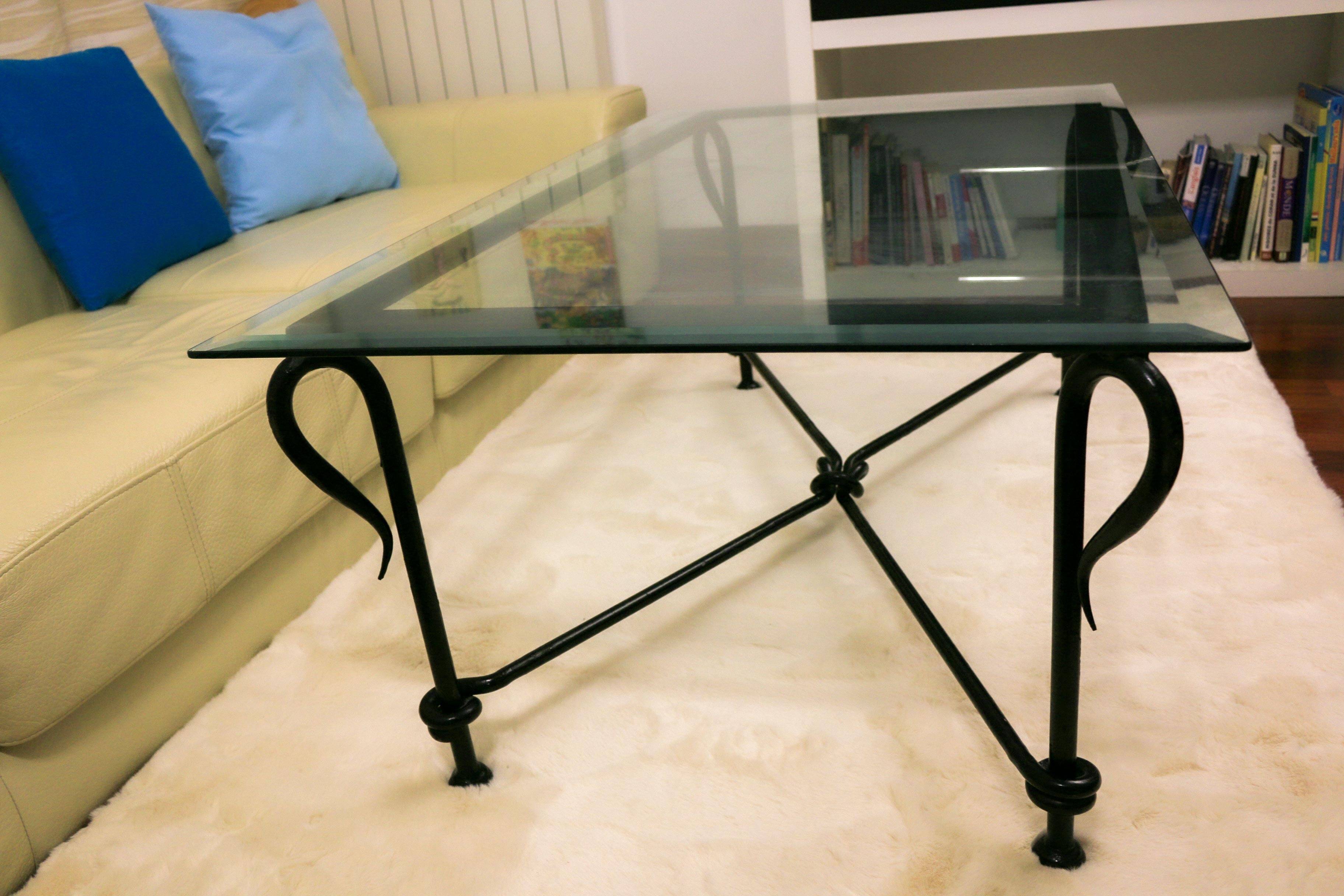 Table basse vintage – verre biseauté & fer forgé – 119×69×44 cm