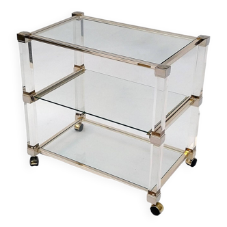 Rolling table trolley signed Pierre Vandel plexiglass glass and metal design 1970