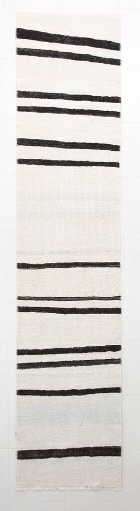 Beige & Black Striped Pattern Vintage Kilim Rug, 74x351 Cm