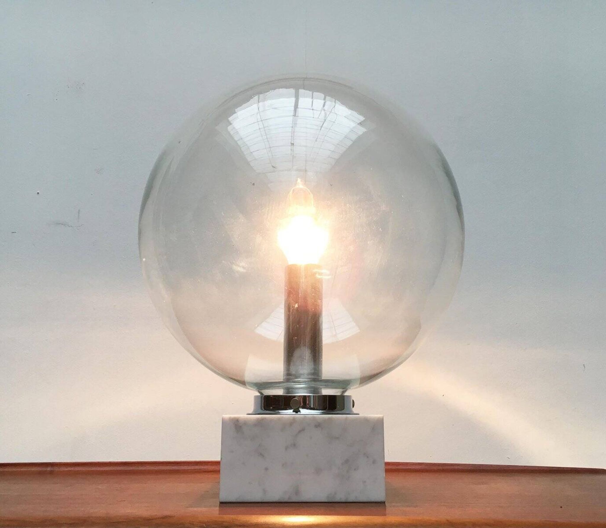 Mid-century glass and marble table lamp 3480 by Erco, 1960s.